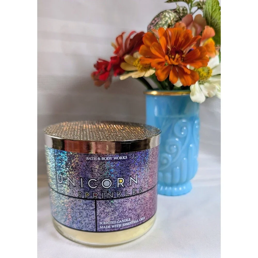 Bath & Body Works Unicorn Sprinkles 3-Wick Candle Holo Glitter Wrap Retired NEW - Picture 1 of 6